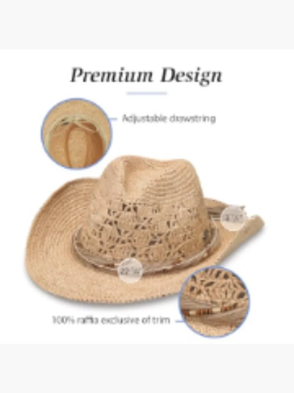 Natural Straw Cowboy Hat Wide Brim Adjustable Shapeable Sun Hat